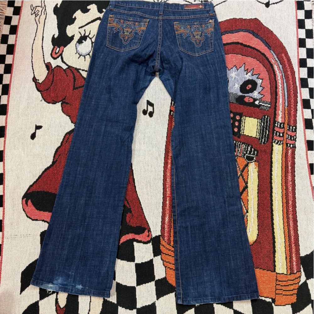 Flying Monkey Womens Bootcut Jeans Embroidered Pockets Dark Wash Blue Denim